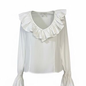 100% Cotton White Ruffle V-Neck Blouse